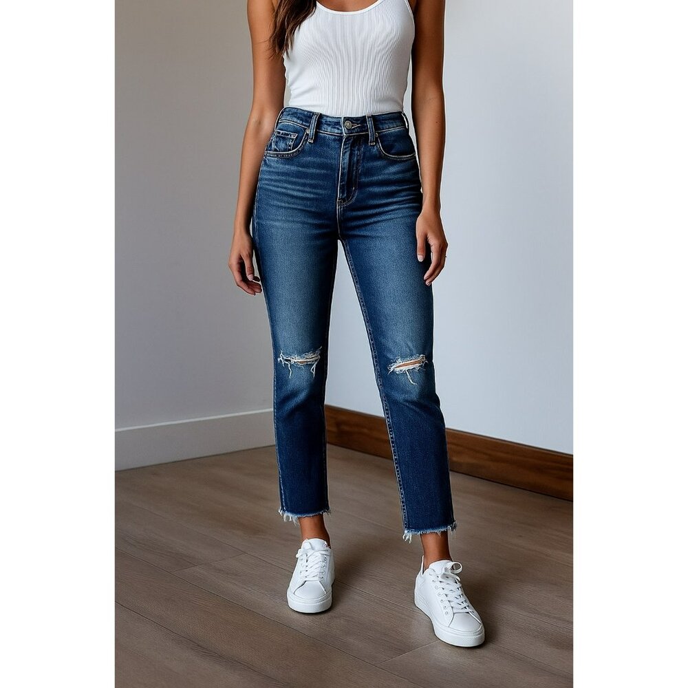 OAT New York Womens Distressed Crop Hi-Rise Jeans Size 29 Mid-Rise Frayed Hem De